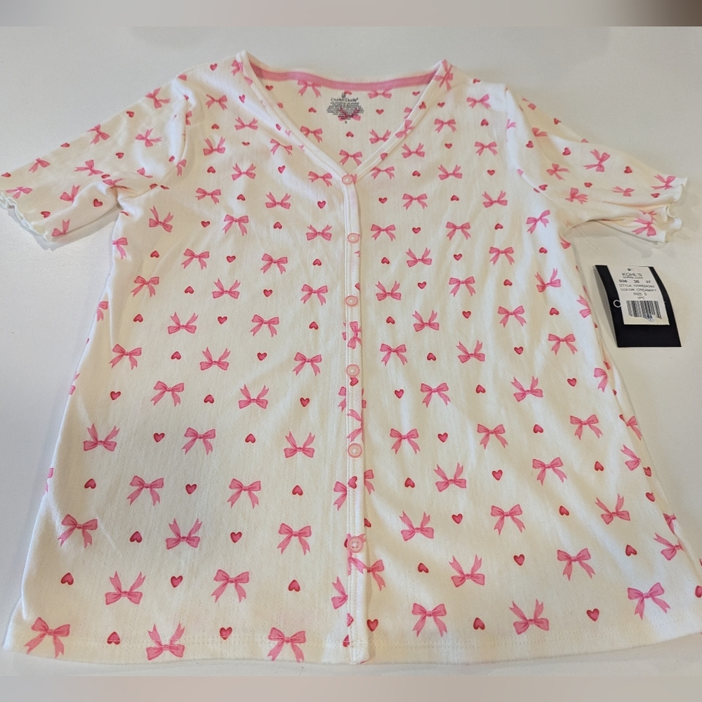 Cuddle Duds New Pink Bow Tie Pajama Top Shirt Size Small